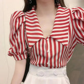 Striped Puff Sleeve Turn Down Collar Blouse Shirt
