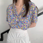 Notched Collar Floral Pattern Blouse Shirt