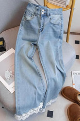 High Waist Lace Edge Design Jeans Pants