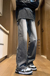 Lockere, lange Jeanshose mit Schlitz und Reißverschluss