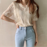 Lace Hollow Out O-Neck Retro Shirt