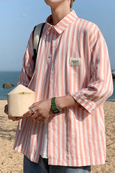 Camisa blusa de media manga con rayas rosas para hombre