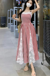 Sexy Elegant Lace Patchwork Plaid Long Dress