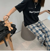 High Waist Blue Plaid Loose Wide Leg Pants