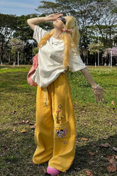 Loose Wide Leg Pop Corn Embroidered Pants