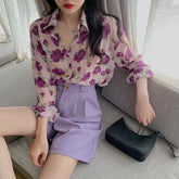 Long Sleeve Flowers Pattern Casual Chiffon Blouse Shirt
