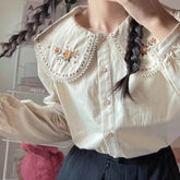 Long Sleeve Cute Peter Pan Collar Flower Blouse Shirt