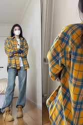 Long Sleeve Blue Yellow Plaid Colors Blouse Shirt