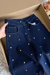 High Waist Little Daisy Embroidered Long Jeans Pants