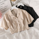 Notched Collar Simple Elegant Cropped Shirt