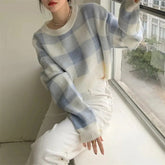 Plaid Pattern O-Neck Loose Cropped Sweater