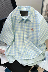 Short Sleeve Cute Little Floral Plaid Blouse Shirts