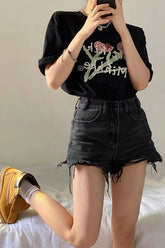 High Waist Black Tassel Shorts Jeans