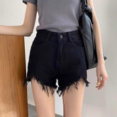 High Waist Tassel Ripped Black Shorts Jeans