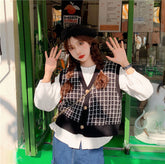 V-Neck Classic Plaid Knitted Vest Sweater