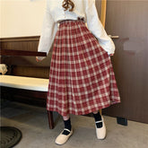 Elastic Waist Solid Plaid Pleated Long Skirts