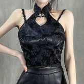 Floral Pattern Hollow Out Halter Chocker Crop Tops