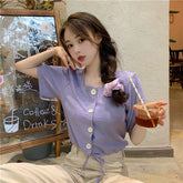 Square Collar Solid Button Short Sleeve Blouse Shirt