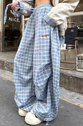 High Waist Loose Blue Plaid Wide Leg Pants