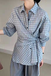 Long Sleeve Retro Belted Plaid Blouse Shirt