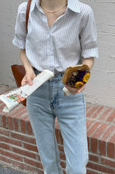 Striped Turn Down Collar Retro Shirt