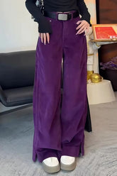 High Waist Ankle Zipper Purple Corduroy Long Pants