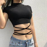 Sexy Belted Cropped Slim Black Shirt