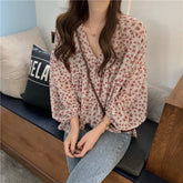 Long Sleeve V-Neck Chiffon Floral Loose Shirt
