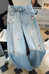 High Waist Flowers Embroidered Long Jeans Pants