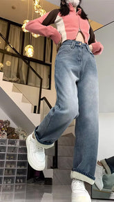 High Waist Fleece Stitched Jeans Pants