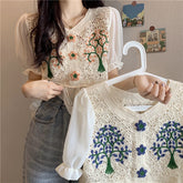 Retro V-Neck Floral Embroidered Short Sleeve Shirt