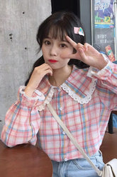 Long Sleeve Cute Plaid Pattern Peter Pan Collar Blouse Shirt