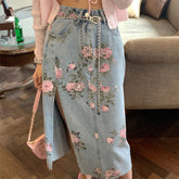 Vintage Flowers Sexy Open Long Denim Skirts
