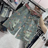 High Waist Ripped Floral Pattern Denim Shorts