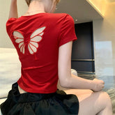 Sexy Butterfly Hollow Cut Pattern Cropped Slim Shirt