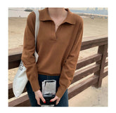 Basic Colors Turn Down Collar Long Sleeve Sweater