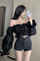 Long Sleeve Sexy Slash Neck Folds Cropped Shirt