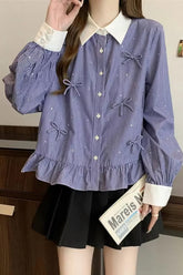 Long Sleeve Bow Striped Collar Blouse Shirt