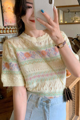 Short Sleeve Floral Pattern Knitted Shirt