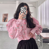 Retro Puffärmel Blumenmuster Rosa Bluse Shirt