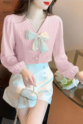 Long Sleeve V-Neck Cute Bow Blouse Shirt