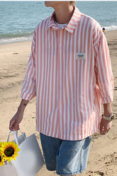 Half Sleeve Pink Striped Men Blouse Shirt