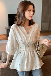 Half Sleeve V-Neck Elegant Blouse Shirt