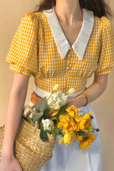 Gelb kariertes Retro-Hemd mit Puffärmeln