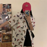 Vintage Butterfly Printed Short Sleeve Blouse Shirt