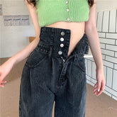 High Waist Extend Button Black Jeans Pants