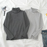 High Neck Long Sleeve Striped Slim Shirt