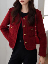Long Sleeve Wine Red Color Elegant Tweed Jacket