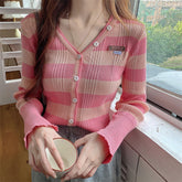 V-Neck Stripes Cropped Casual Cardigan Sweater