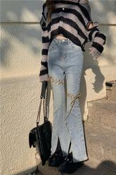 Split Leg Lace Up Tie Long Slim Jeans Pants